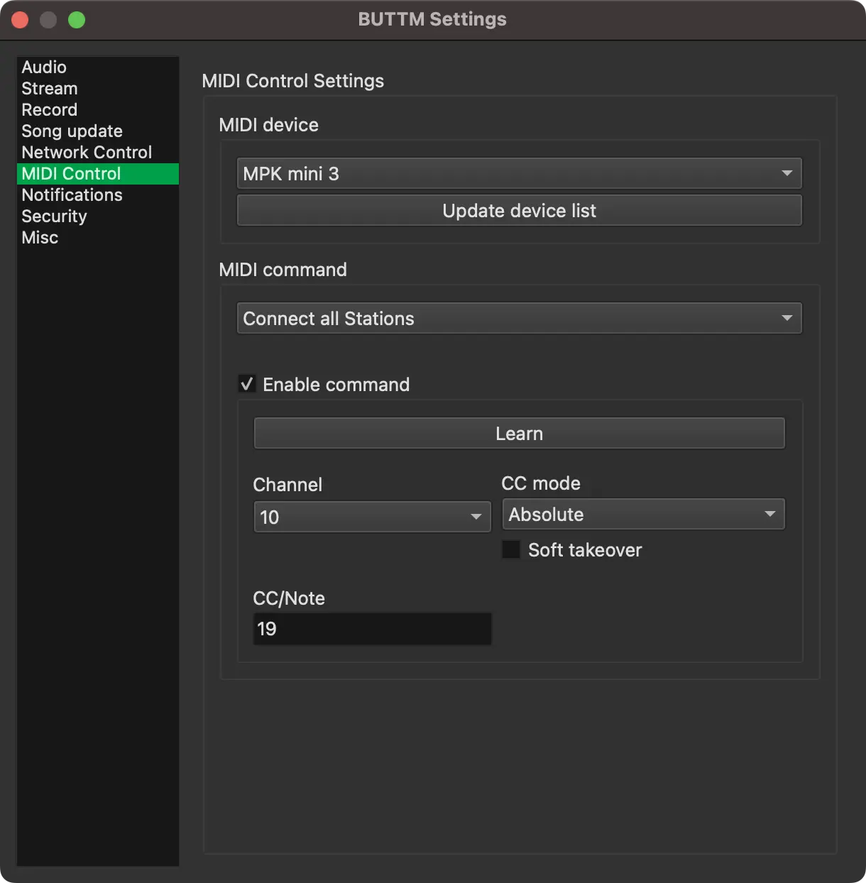Settings: MIDI Control