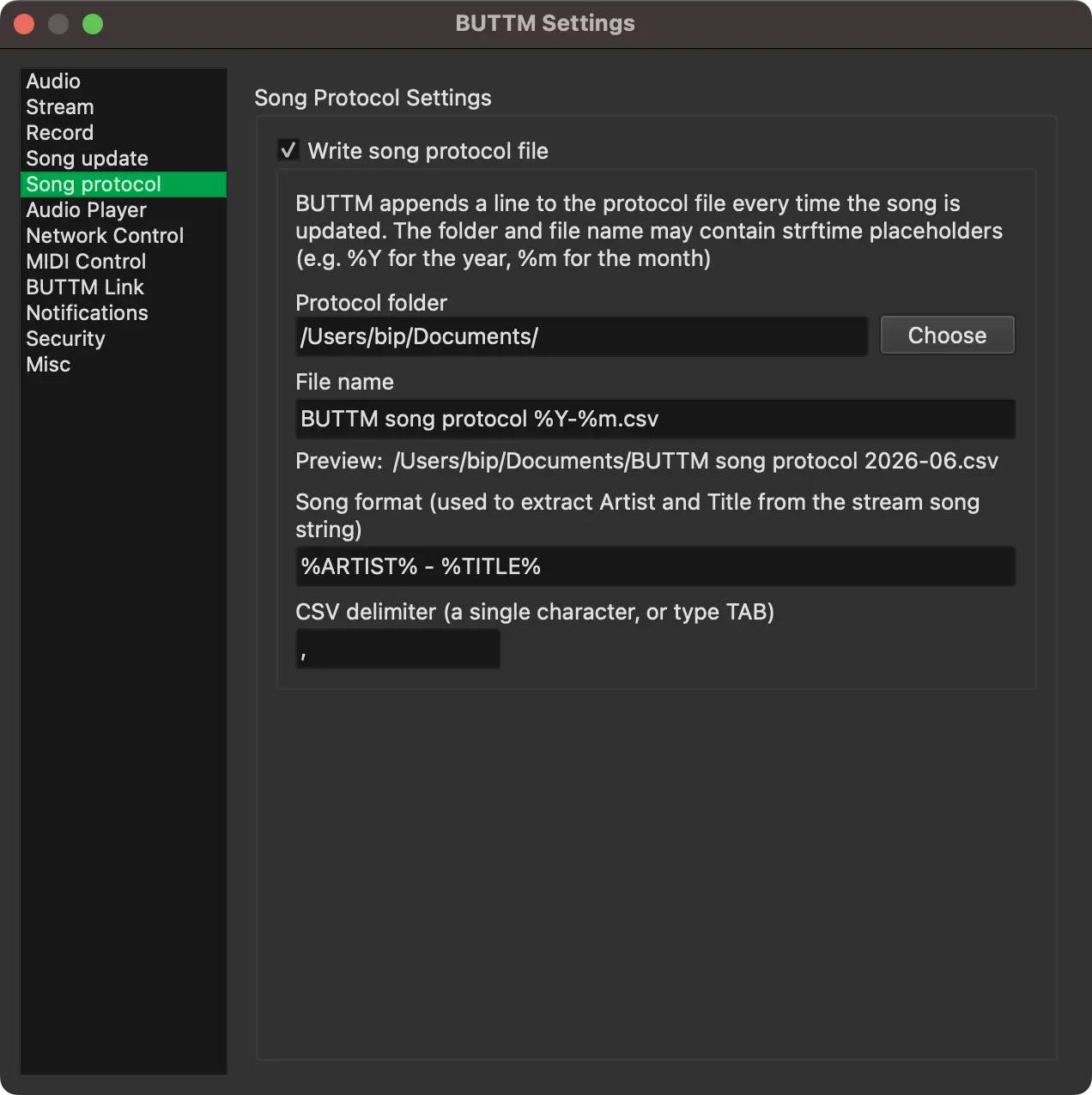 Song protocol settings