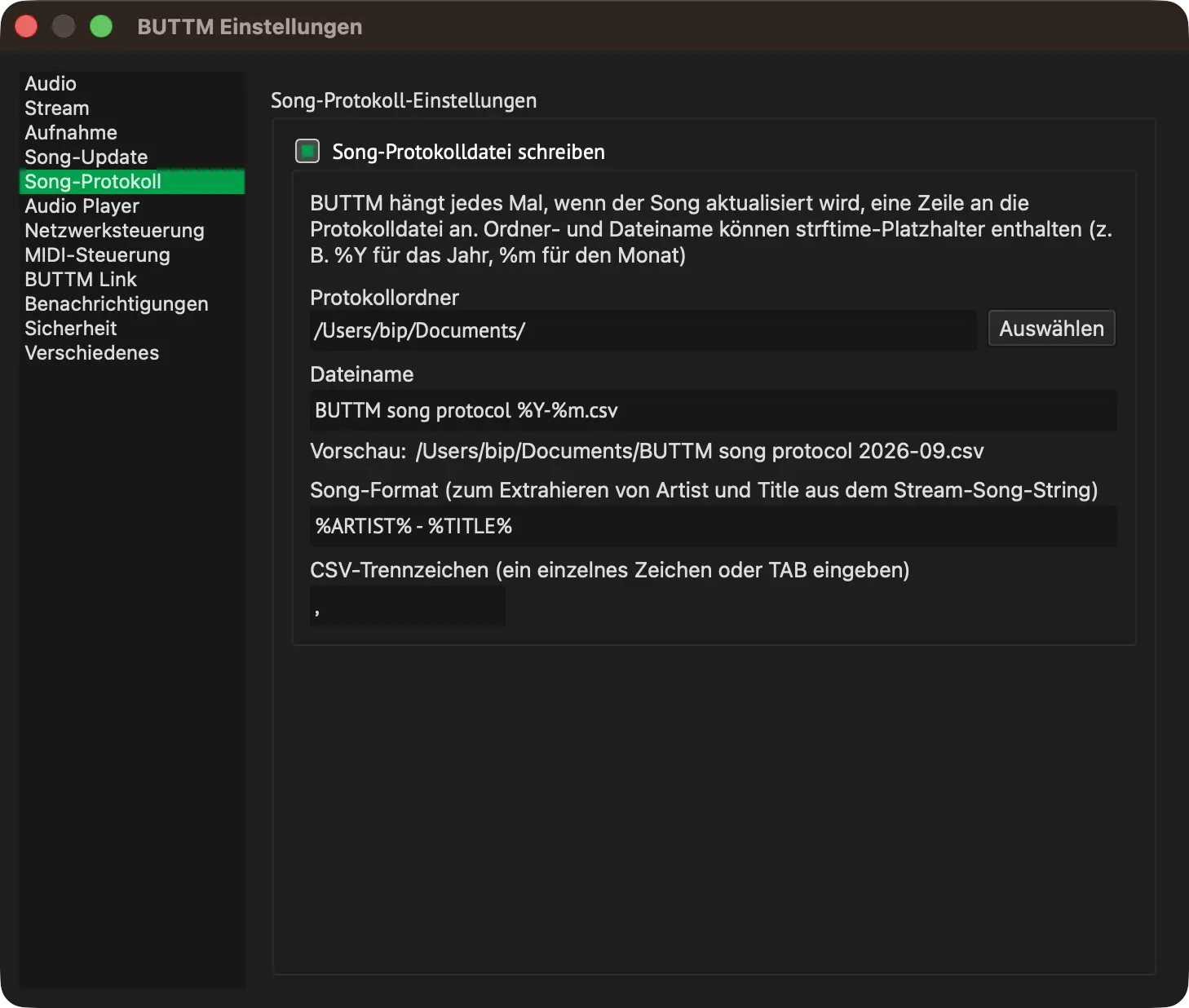 Song protocol settings