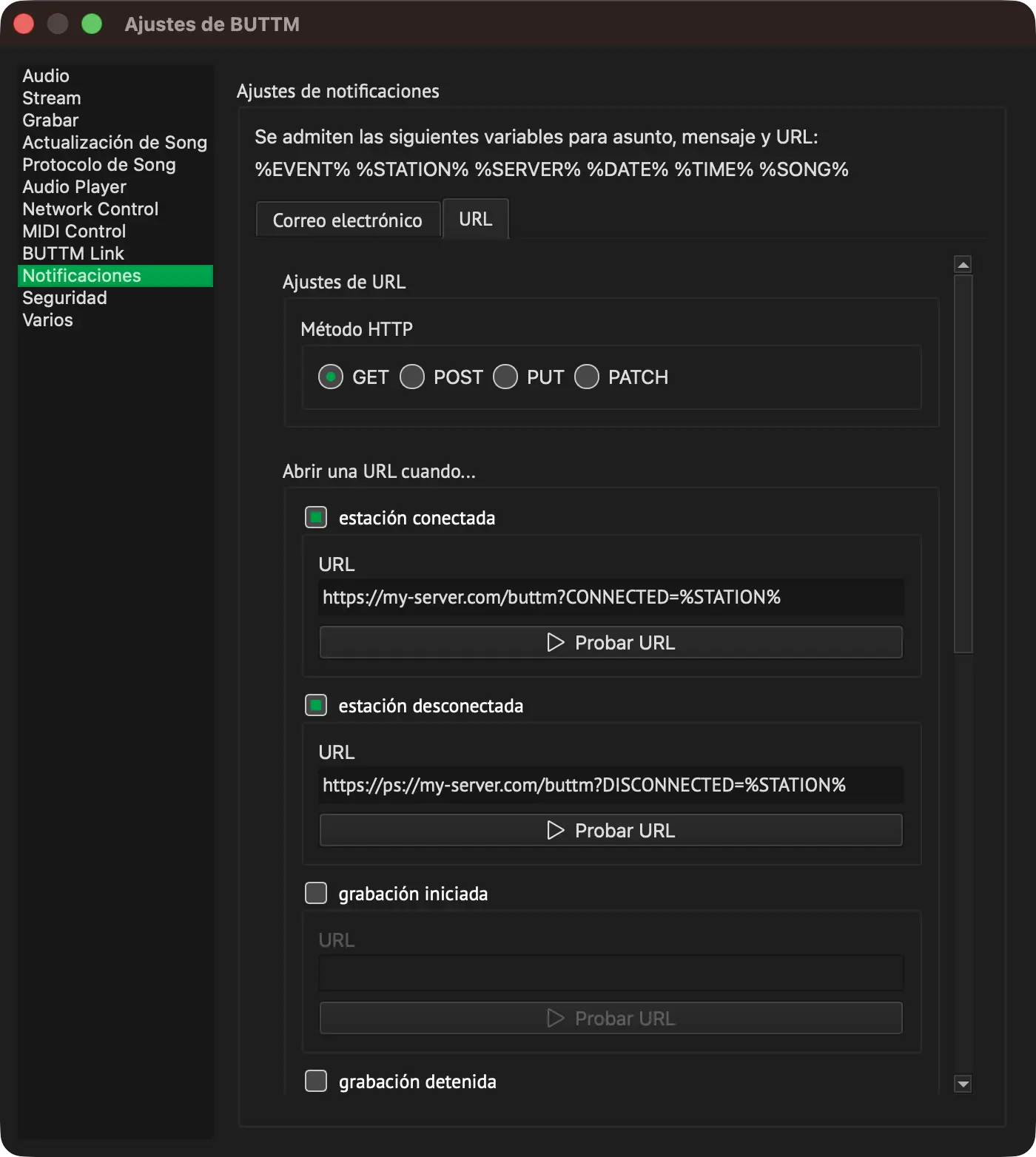 Settings: Notifications - URL