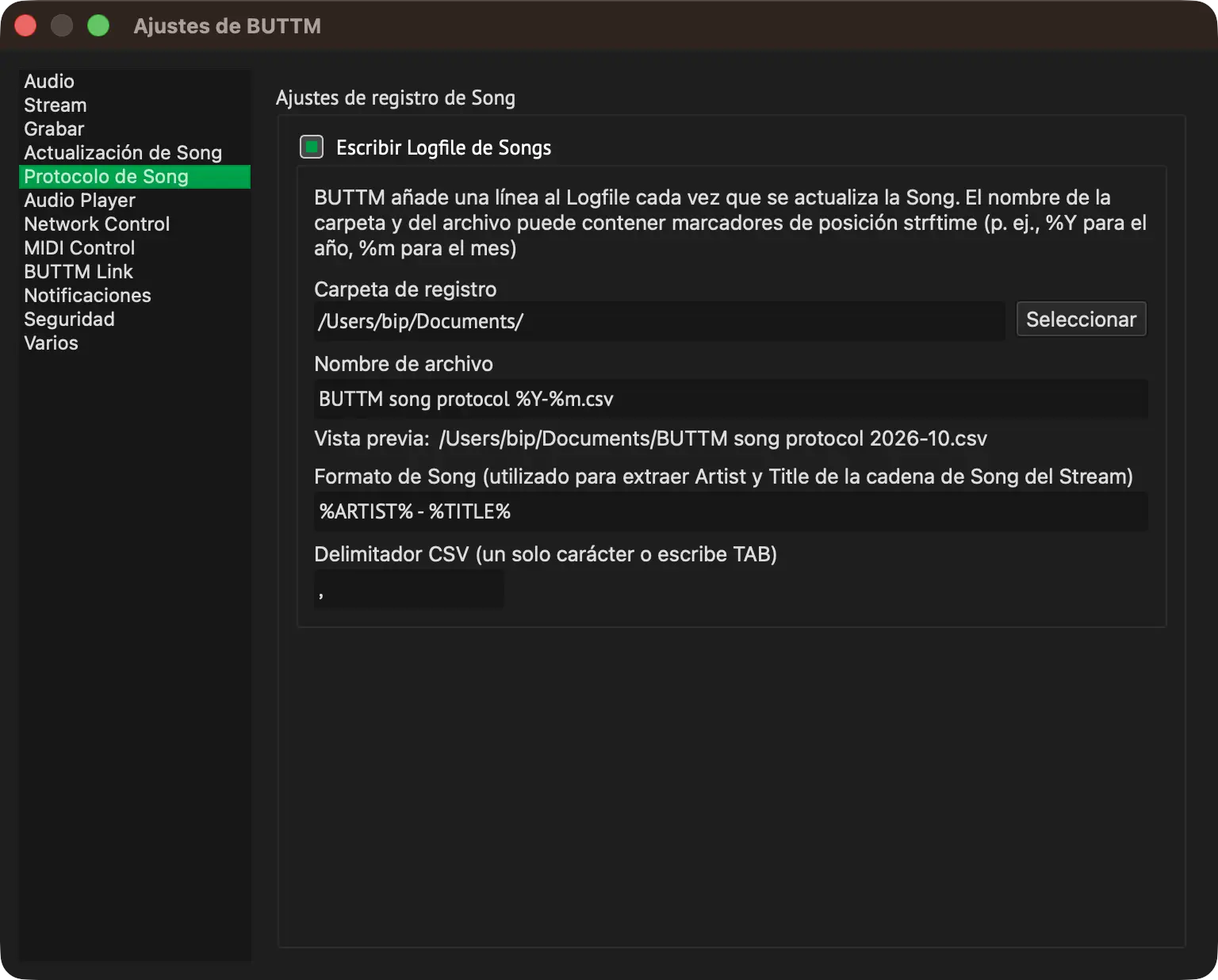 Song protocol settings