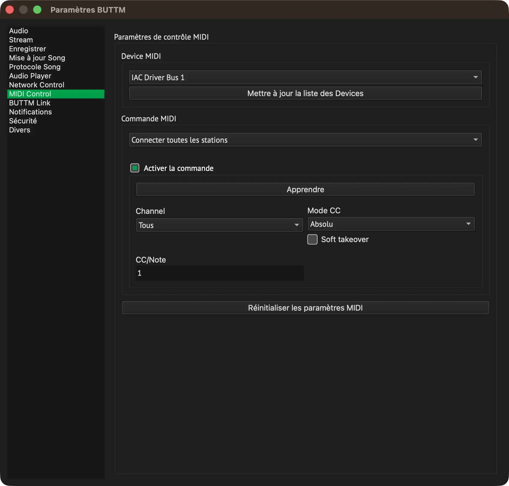 Settings: MIDI Control