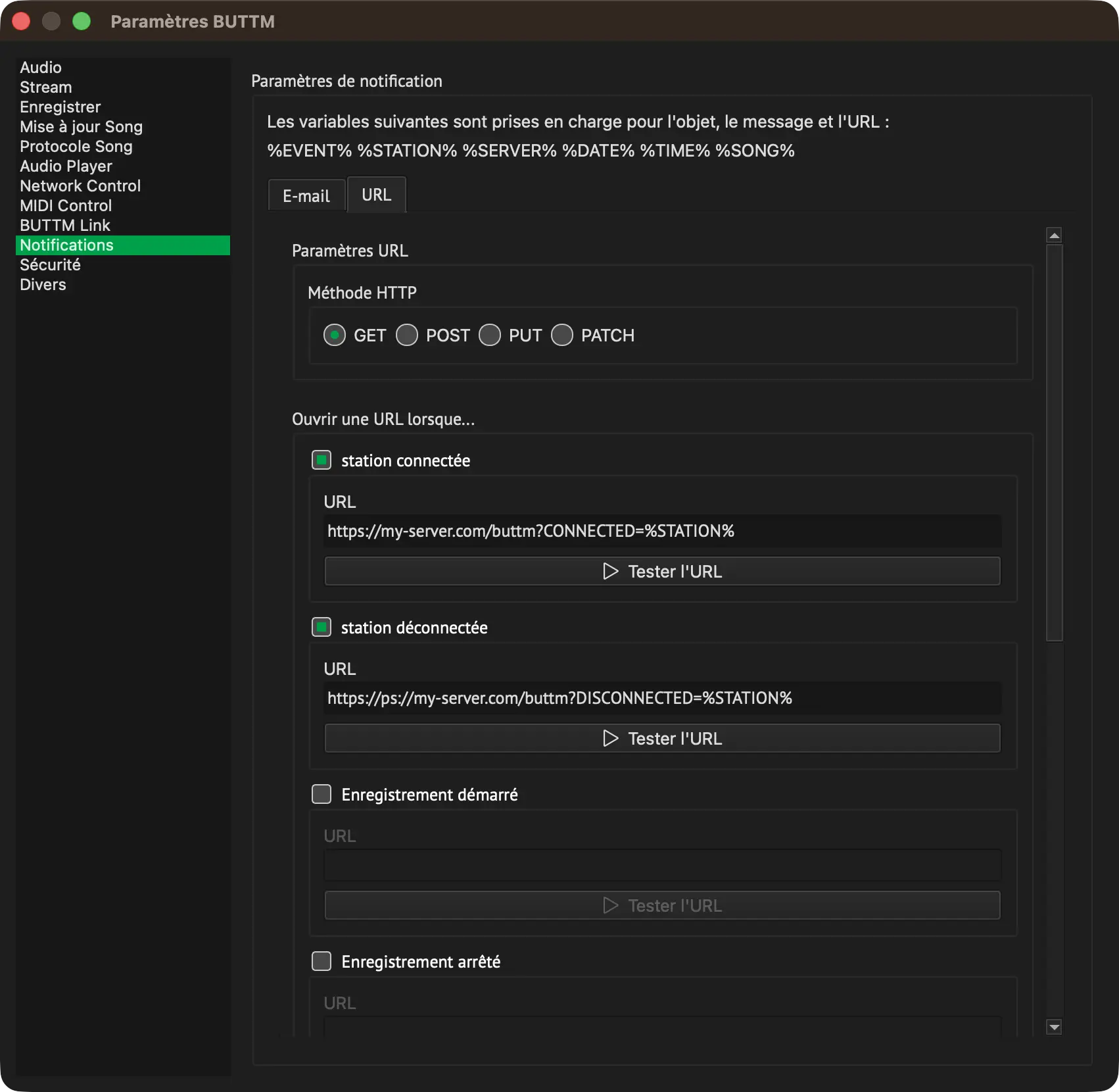 Settings: Notifications - URL