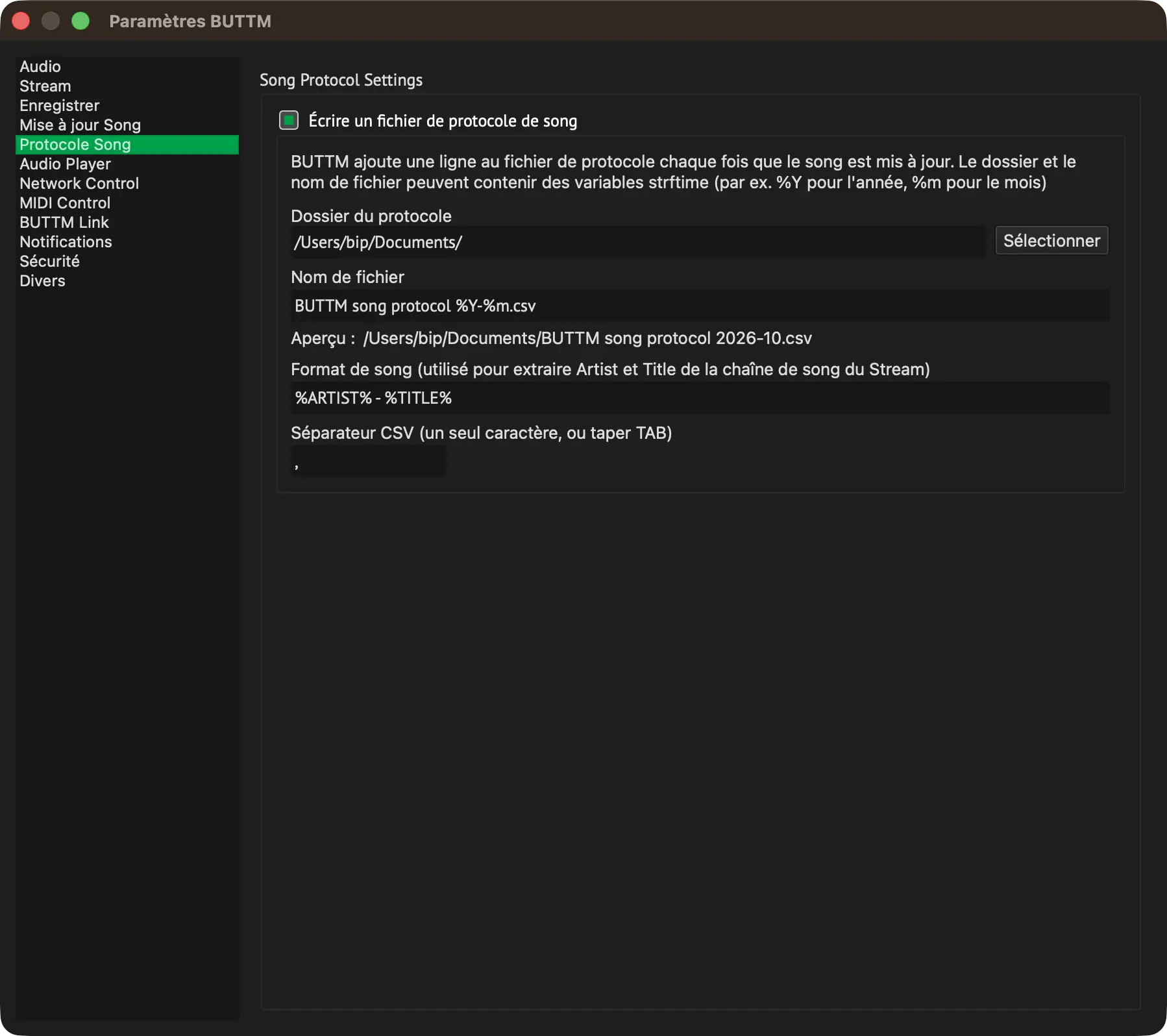 Song protocol settings