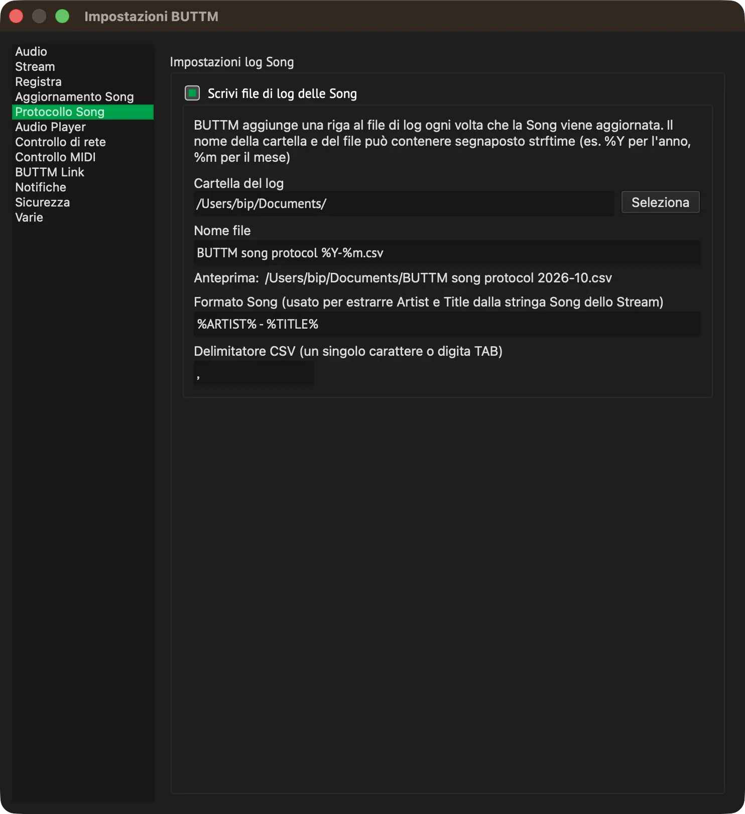 Song protocol settings