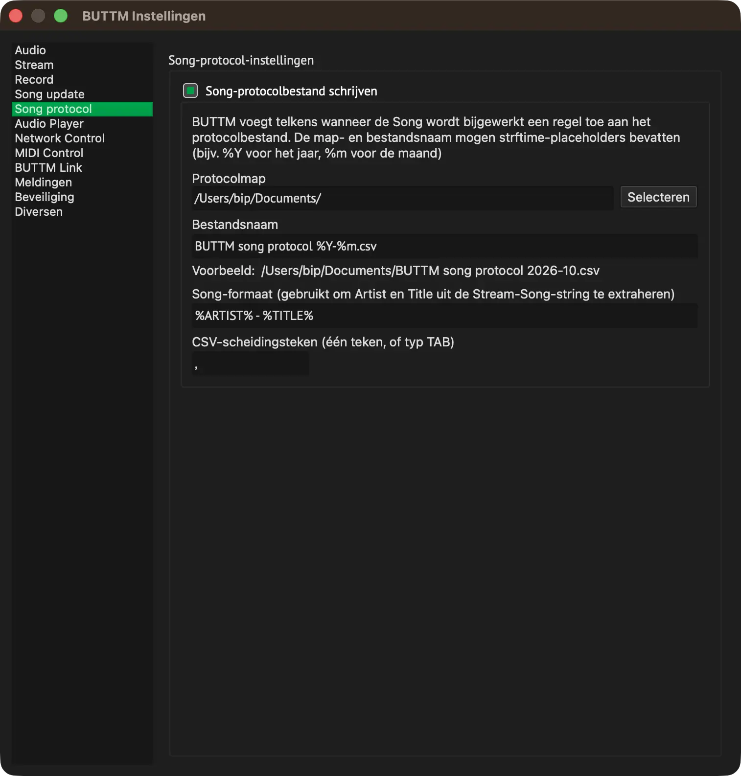 Song protocol settings