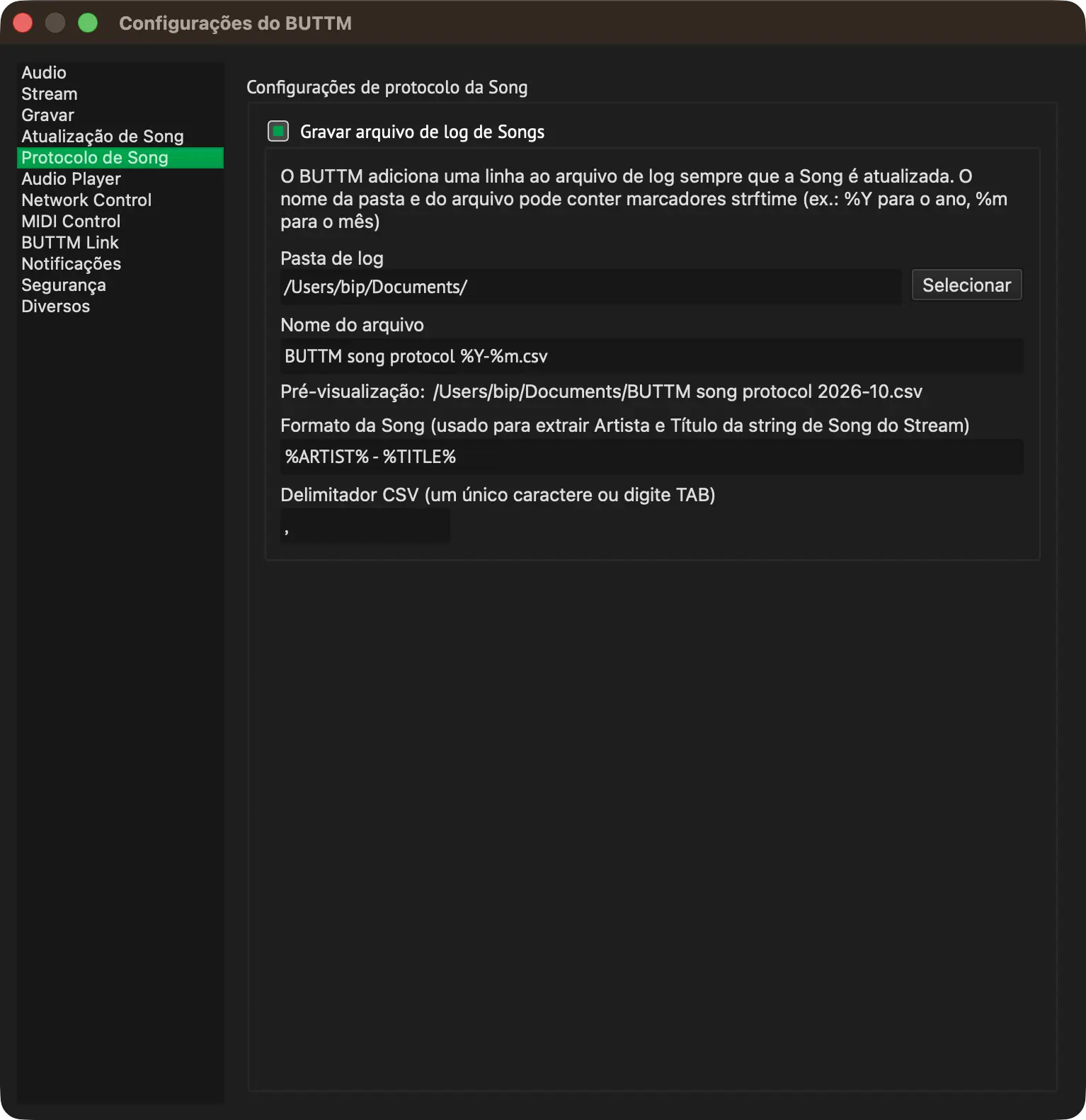 Song protocol settings